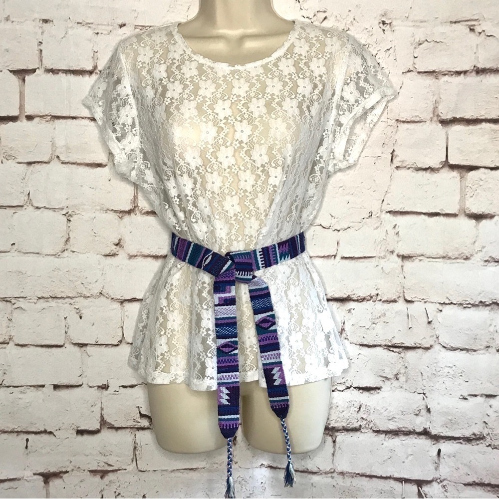 CAMELEON White lace sheer cap sleeve blouse Size Medium Large - Picture 2 of 15